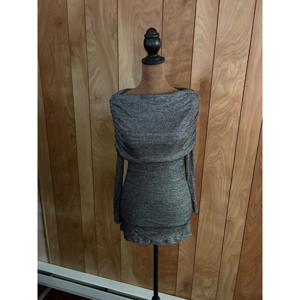White House Black Market Grey Metallic Cowl Neck Ruched‎ Ribbed Knit Tunic XXS